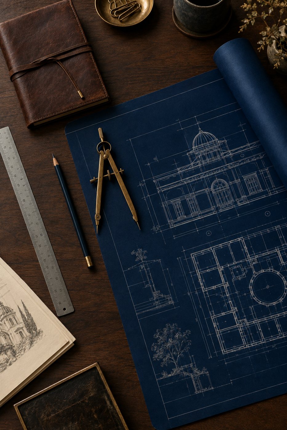 Architectural workspace: brass compass, pencil, ruler, leather journal, and a partially unrolled deep-navy blueprint with fine white linework — the tools of certifying a home.
