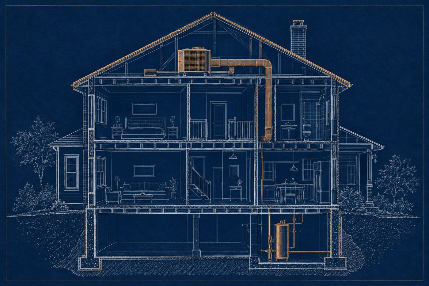 Architectural cross-section illustration of a Certified Home, drawn in the style of a blueprint with the roof, HVAC, water heater, and foundation highlighted in copper.
