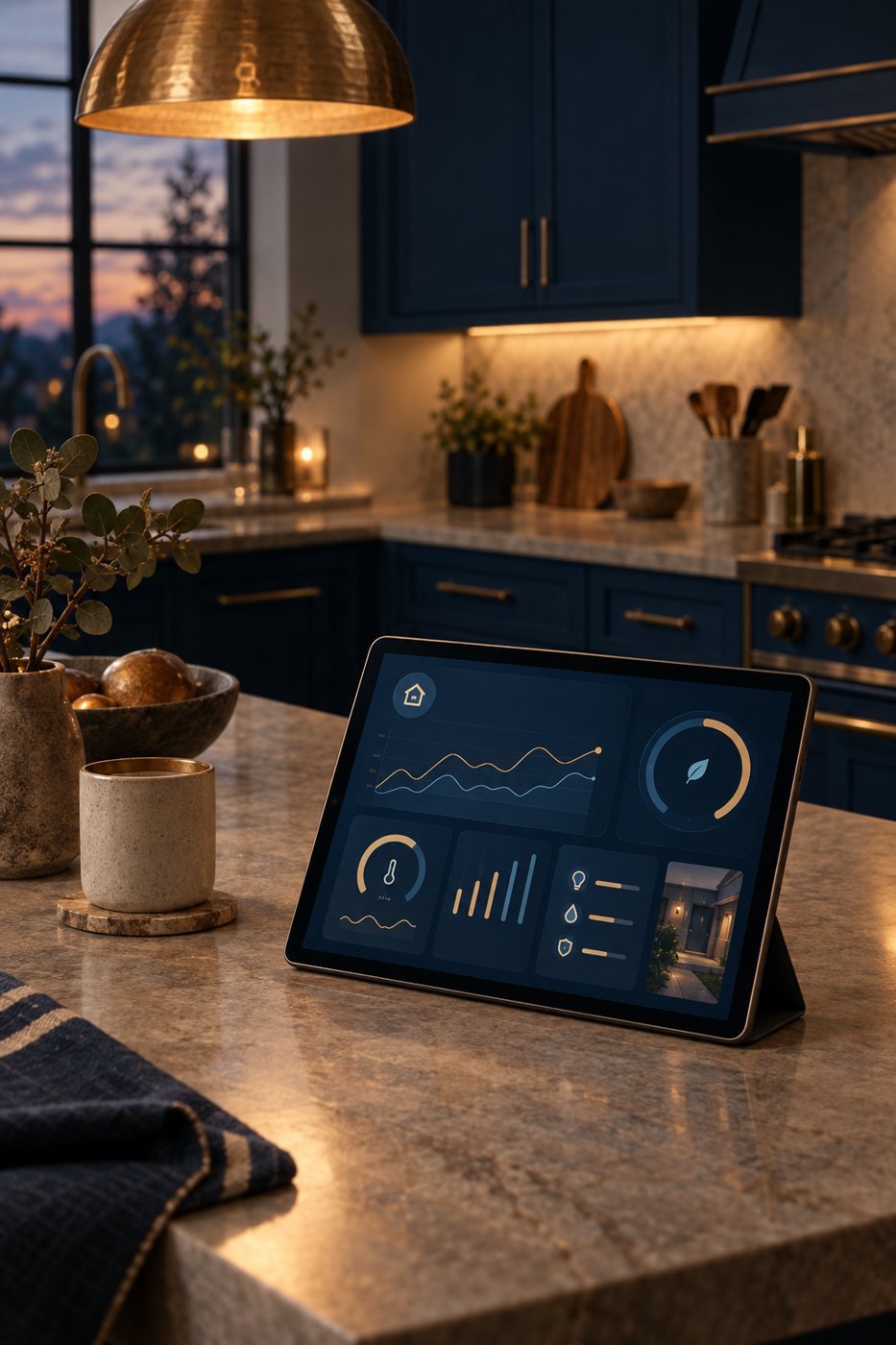 A dimly glowing home monitoring dashboard on a tablet resting in a calm modern kitchen at dusk — the quiet signal layer of a Certified Home.
