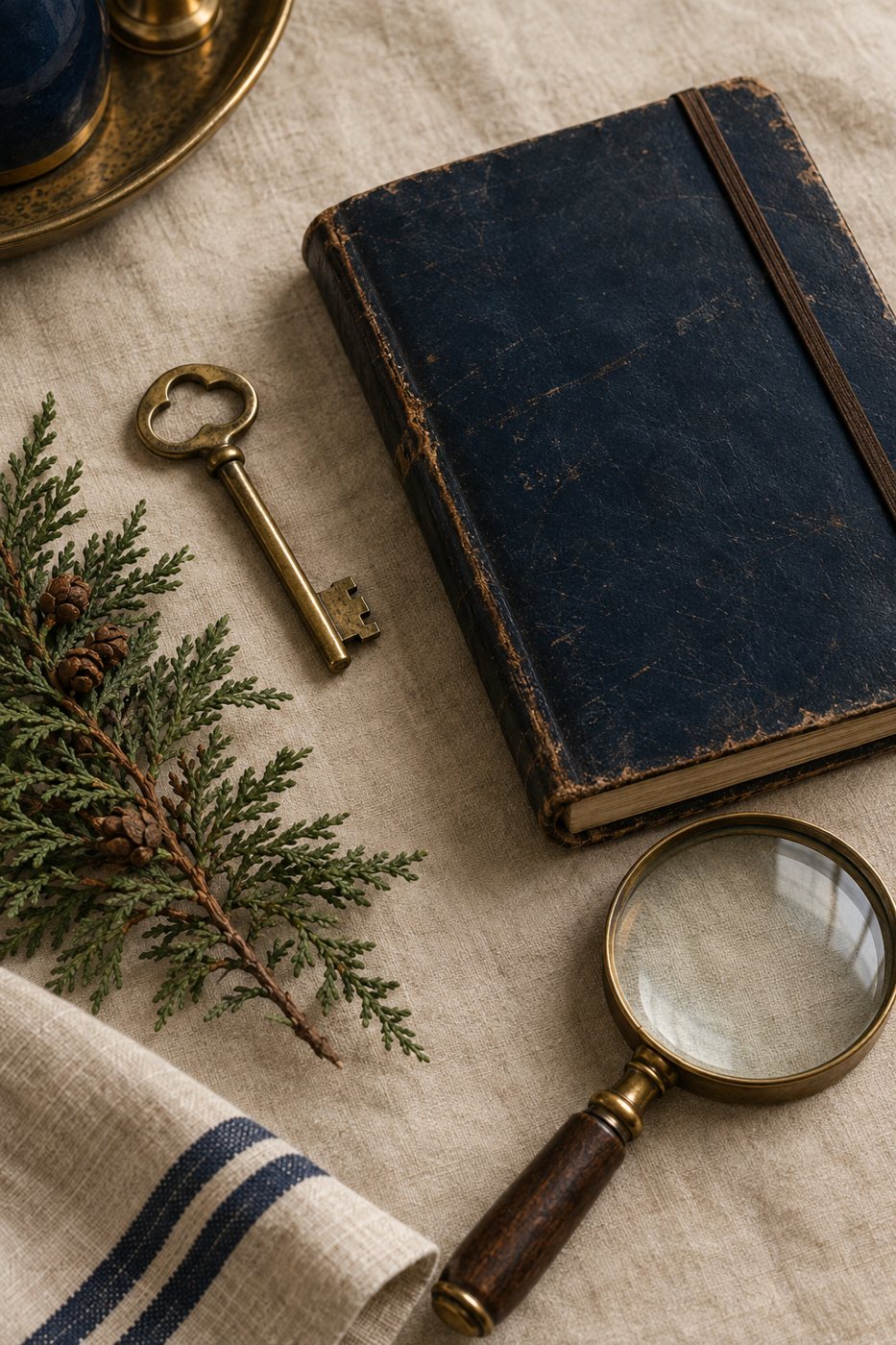 Still life of a brass key, leather maintenance log, magnifying glass, and cedar branch on warm parchment linen — symbols of preventive home stewardship.